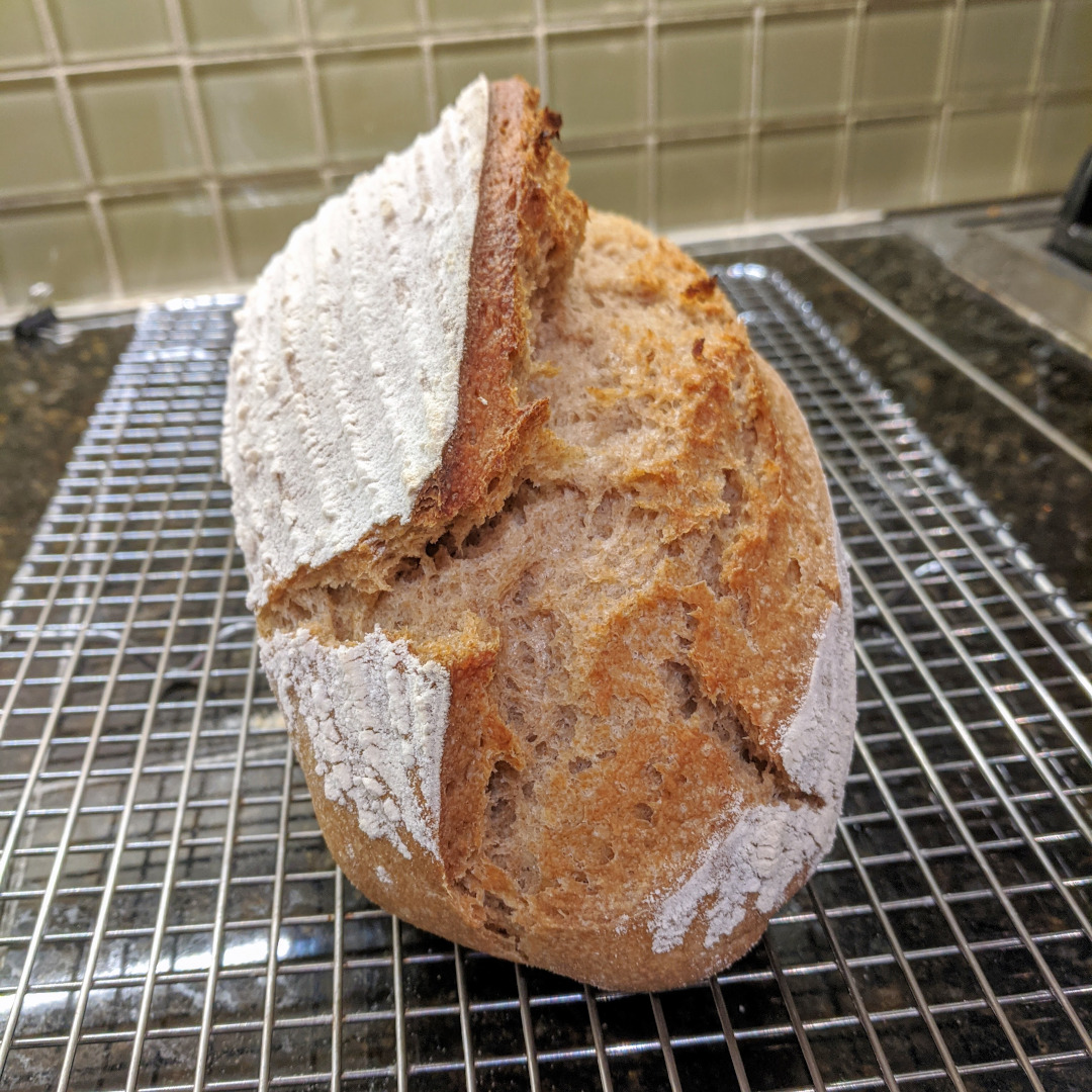 A fully baked loaf of sourdough bread