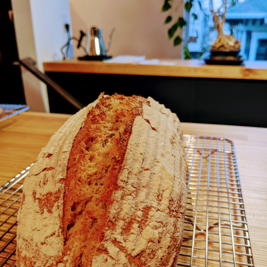 Sourdough bread on a wooden countertop