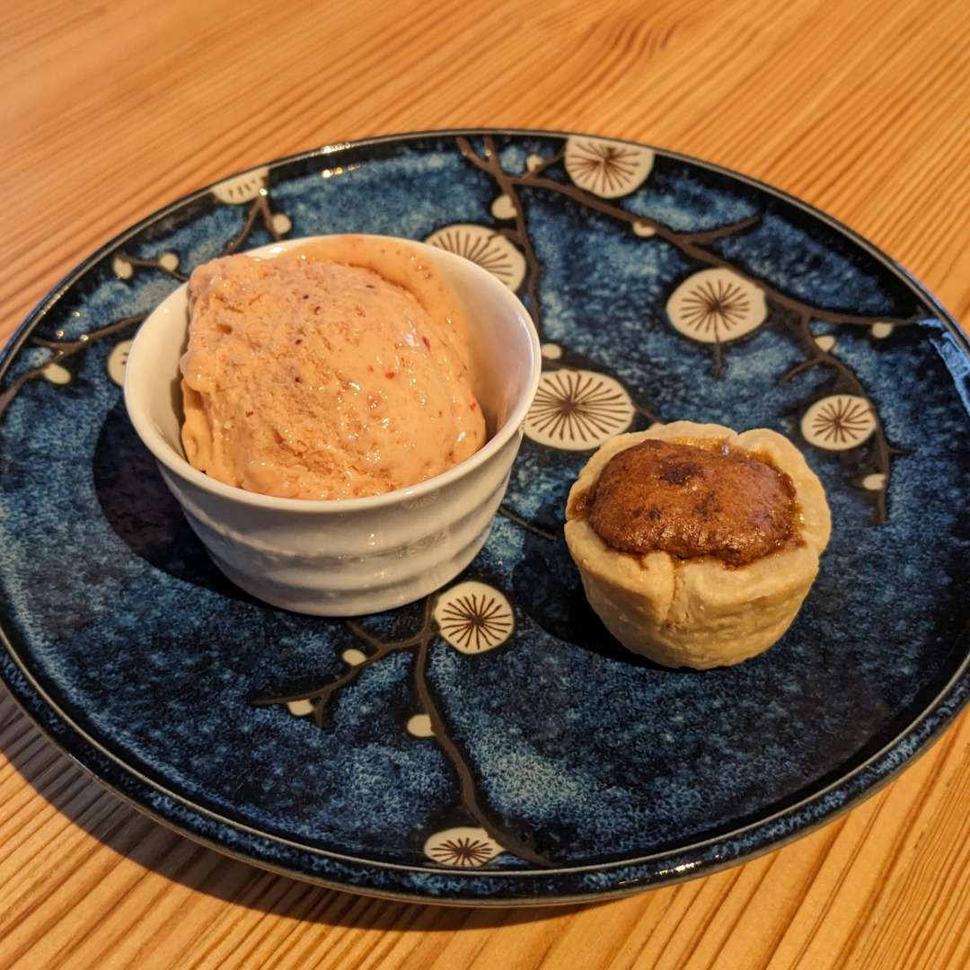 Home made strawberry ice cream and a pecan tassie